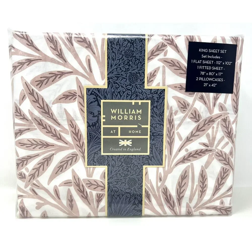 William Morris Original Willow Plaster Pink KING Cotton Percale Sheet Set Leaves
